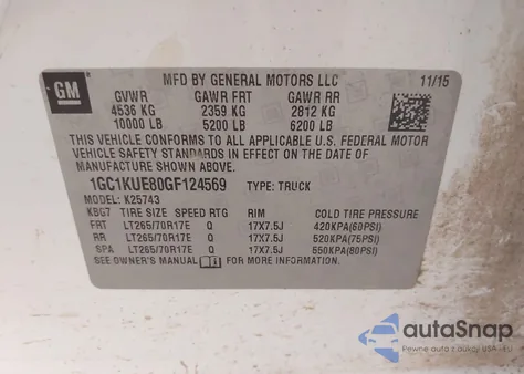 2016 Chevrolet Silverado 2500Hd Wt из США, поврежденный, VIN 1GC1KUE80GF124569